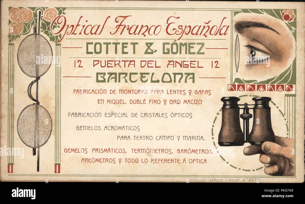 Barcelona. Publicidad de Óptica Cottet Franco Española & Gómez. Año 1911  Fotografía de stock - Alamy