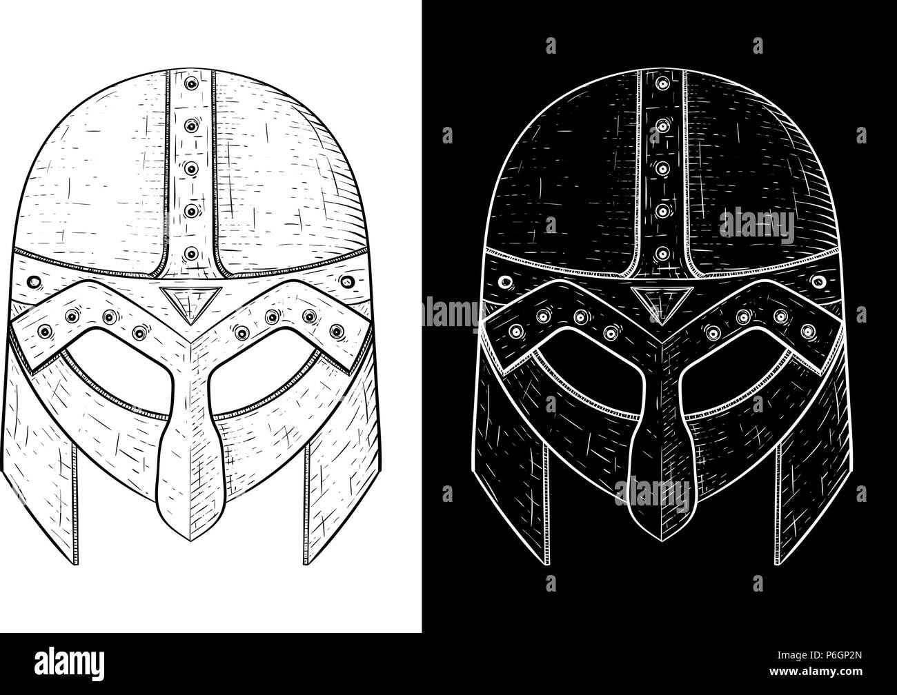 Conjunto de armadura vikinga - Casco, escudo y espada. Croquis dibujados a  mano de color Imagen Vector de stock - Alamy