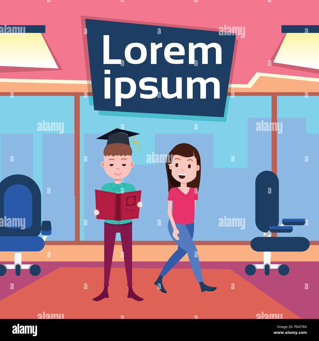 Tapa de libro de lectura graduada hombre mujer pareja diseño de personajes y animación de trabajo interior de la oficina del espacio de copia plana de longitud completa Imagen Vector de stock - Tapa de libro de lectura graduada hombre mujer pareja diseño de personajes y animación de trabajo interior de la oficina del espacio de copia plana de longitud completa Imagen Vector de stock -