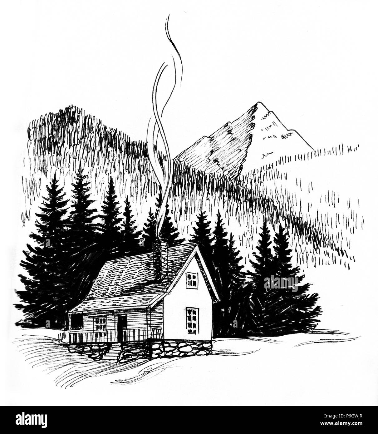 Cabaña en los bosques de montaña. Ilustración en blanco y negro de