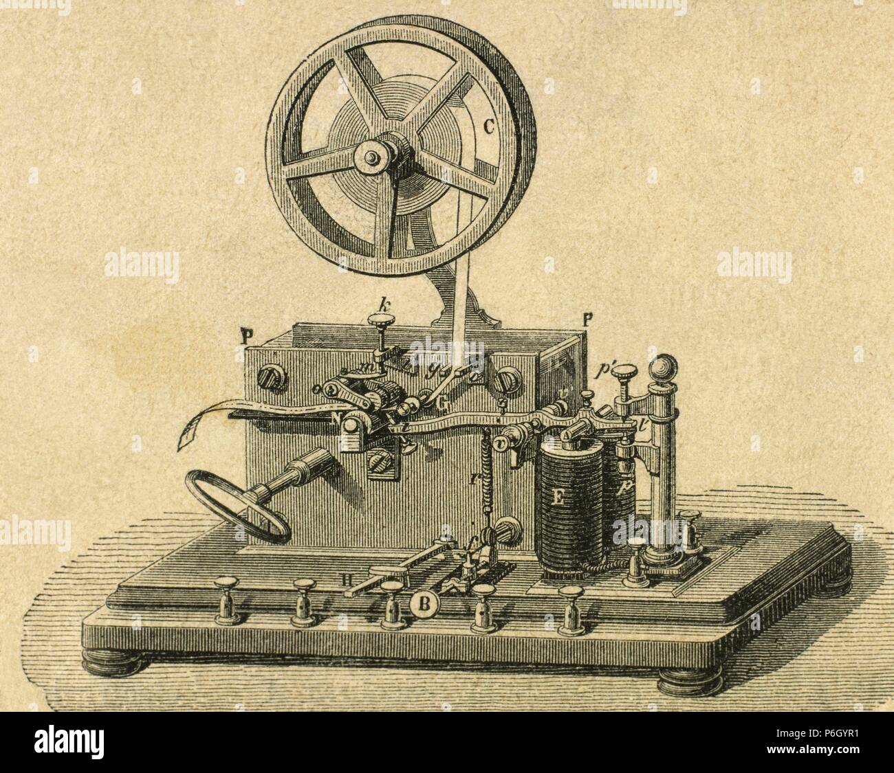 El sistema Morse. Telégrafo Morse receptor. Grabado del siglo XIX Fotografía de stock Alamy