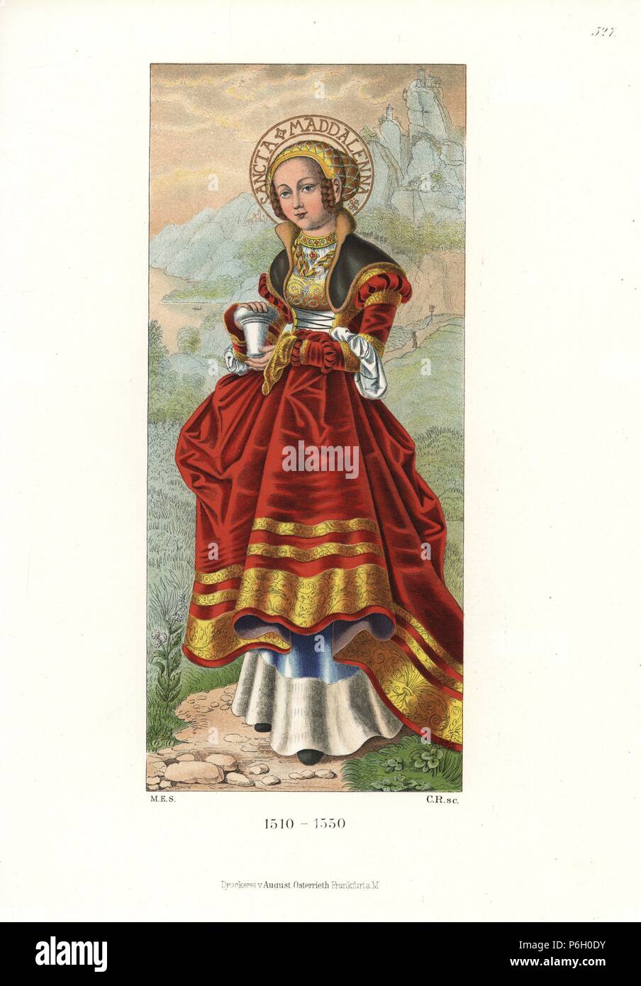 Retrato de una mujer noble alemán como Santa María Magdalena, 1510-1550.  Ella lleva un vestido de terciopelo sobre un pelaje petticoat recortada. A  partir de un óleo de Matthias Grunewald en la