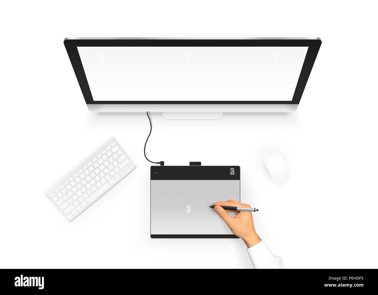 Dibujo de diseñador en la tableta gráfica, cerca del monitor del PC  pantalla en blanco. Proyecto de diseño de artista con un digitalizador,  lápiz óptico, el ordenador, el ratón y el teclado.