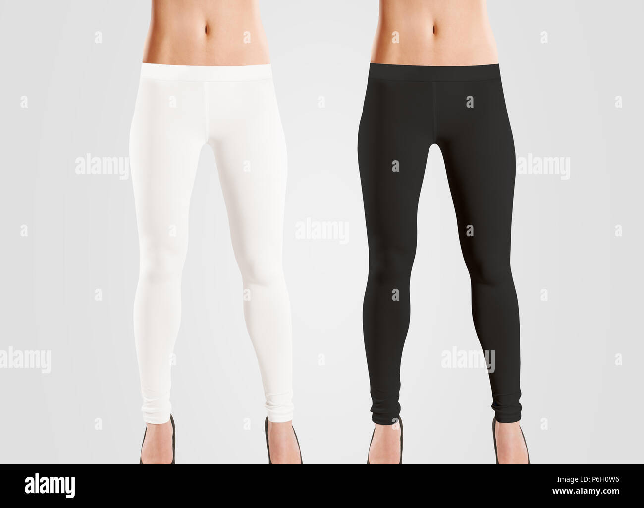 Mujer desgaste maqueta leggings en blanco, negro, blanco, aislado en gris.  Las mujeres en clara leggins plantilla. Presentación de diseño de  pantalones de tela. Deporte pantaloons stretch panties modelo vistiendo.  Una pierna