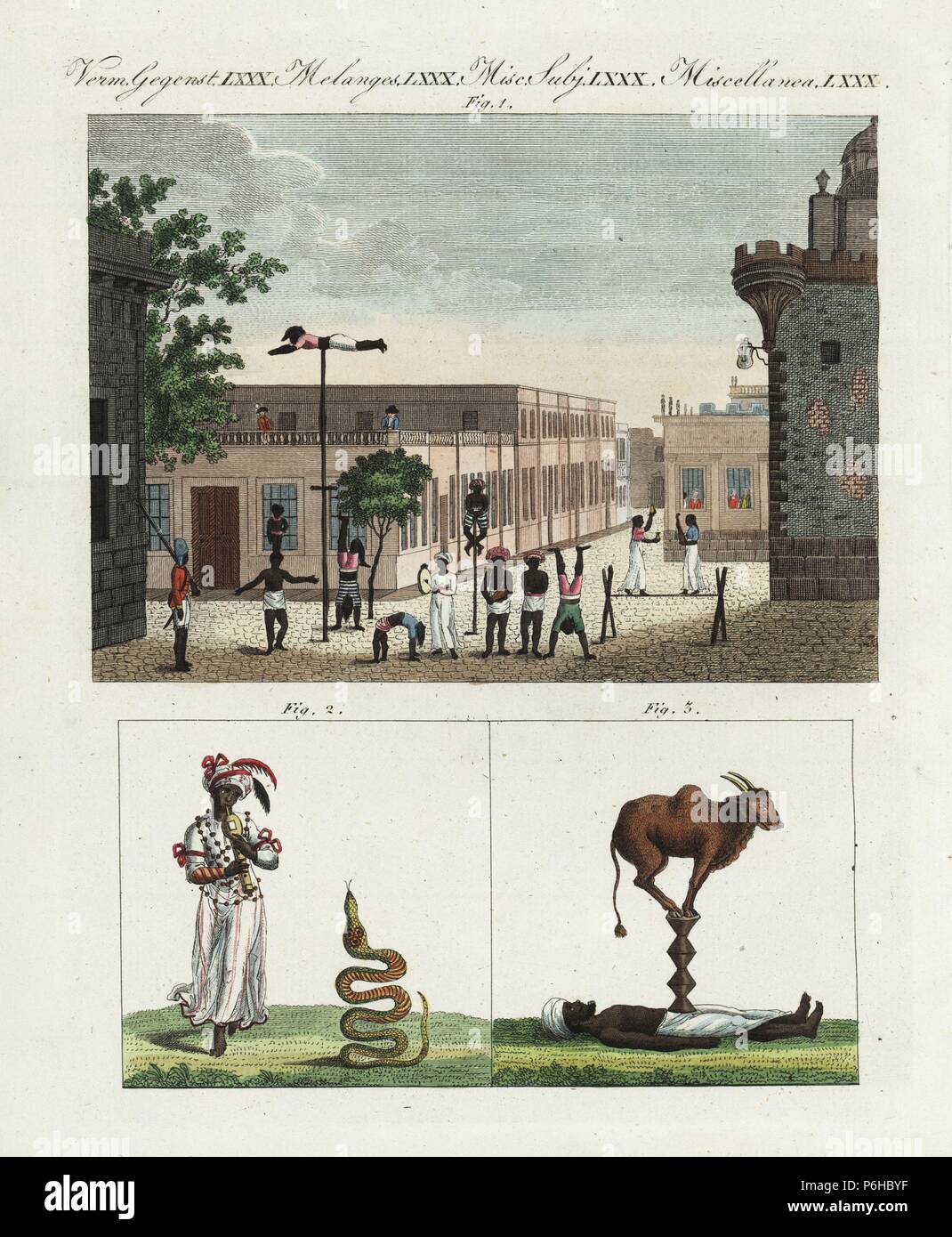 Indian street entertainment, circa 1800. Indian artistas, músicos,  malabaristas, cuerda andadores, bailarines y equilibrar los actos en la  plaza de Fort George, Madras 1, encantador de serpientes con cobra 2, toro y