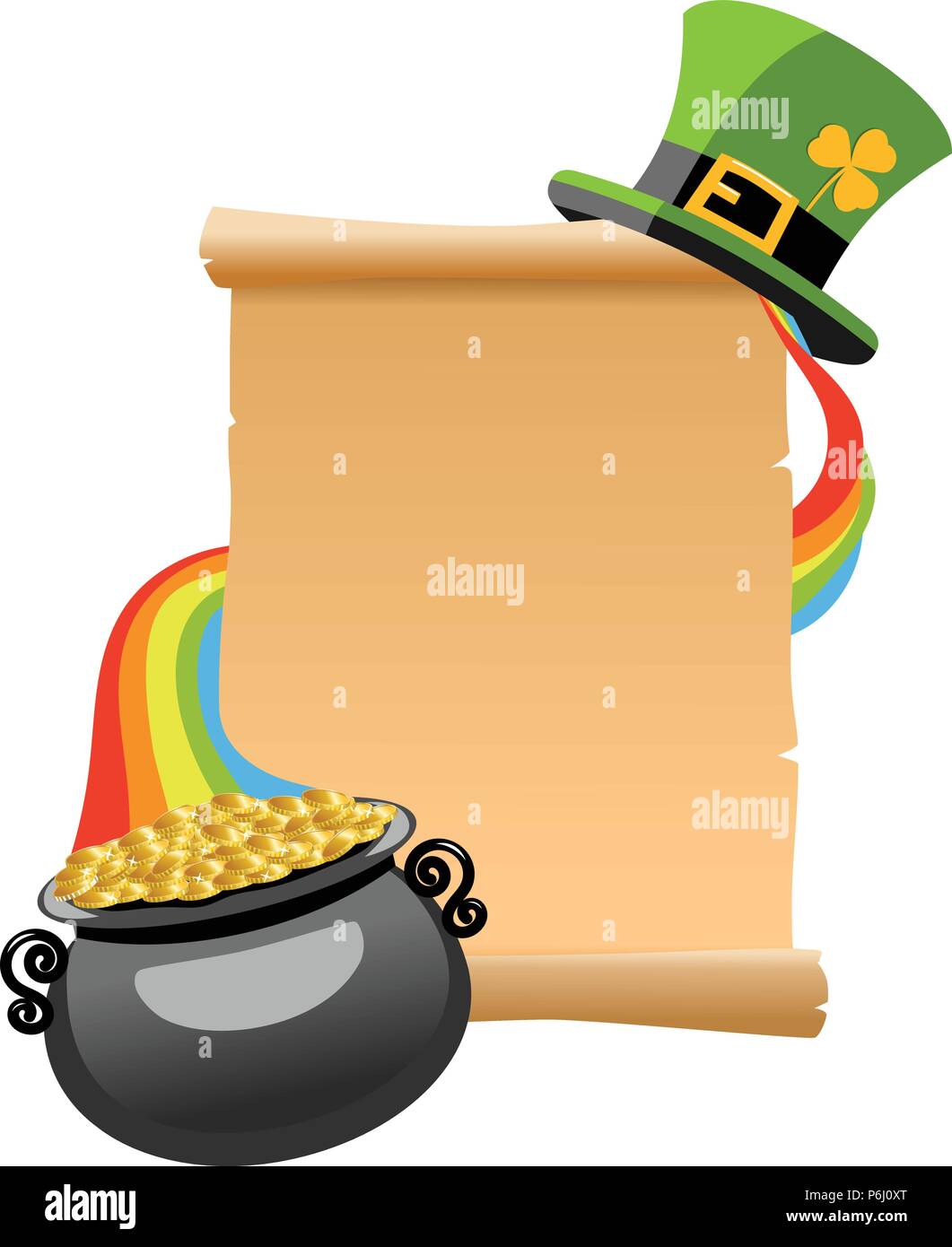 Desplácese con Saint Patricks hat en la parte superior y el legendario olla de oro al final del arco iris en la parte inferior de San Patricio o Saint Patrick s Day en Ilustración del Vector