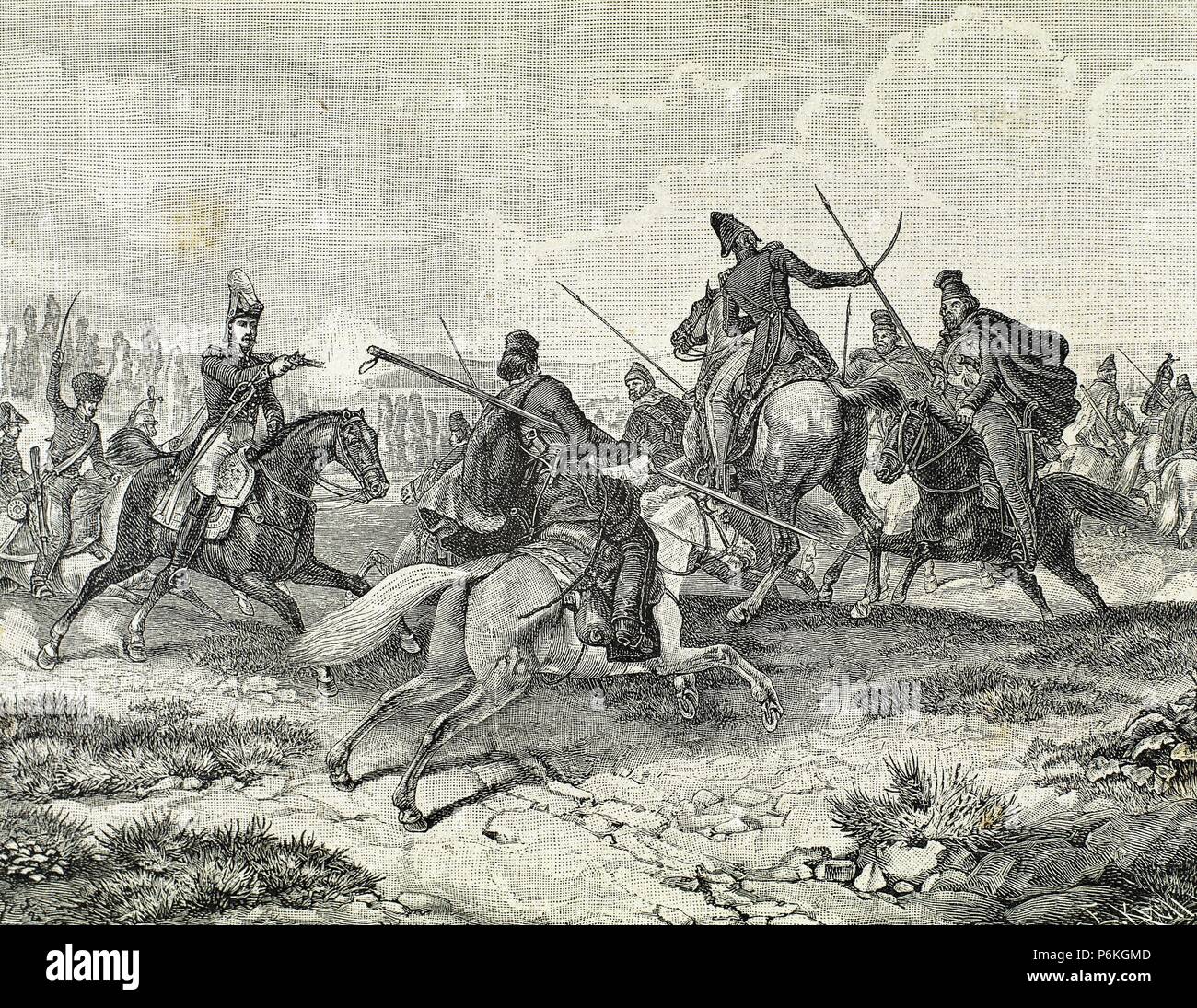 Las guerras napoleónicas. Lucha en Rusia. Los cosacos contra el ejército francés. Grabado del siglo XIX. Foto de stock