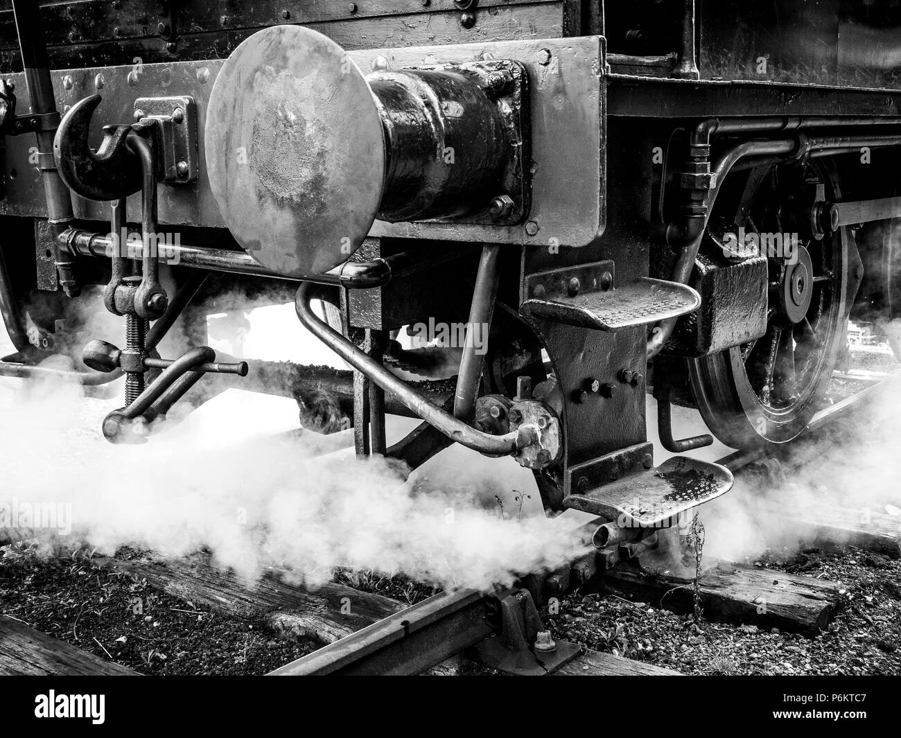 Monotono cerrar fotografía frontal de una locomotora a vapor a mediados de Suffolk Light Railway, mostrando buffer y acoplamientos de vapor saliendo de la luz Foto de stock