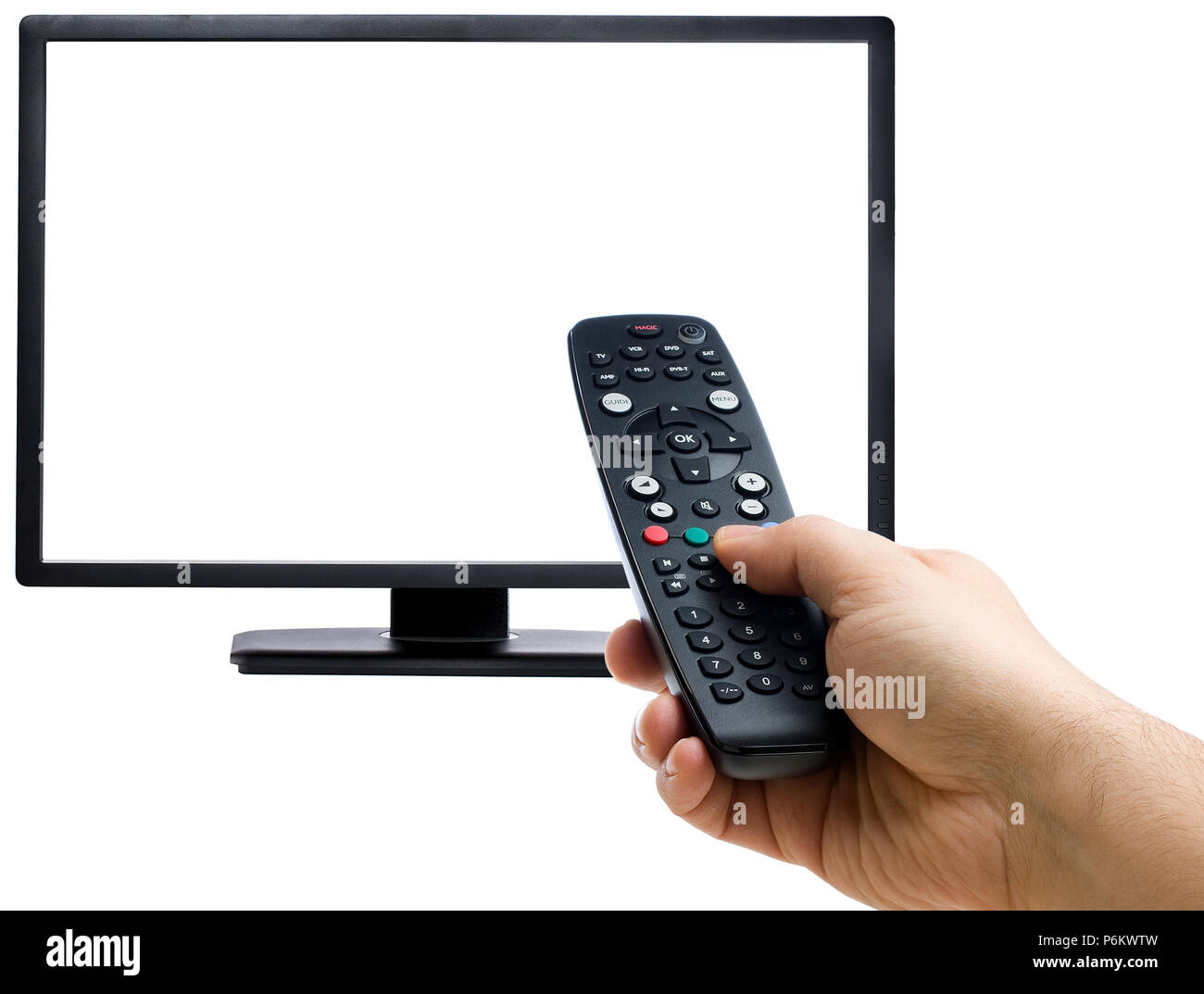 Hombre mano cambiar de canal con el mando a distancia apuntando a la  pantalla en blanco aislado Fotografía de stock - Alamy