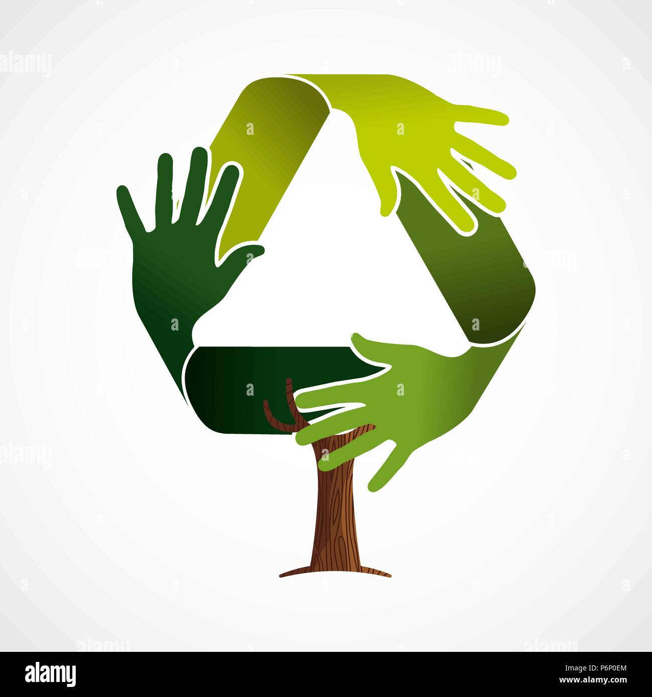 Árbol verde hecha de manos humanas en símbolo de reciclado. La naturaleza, el  medio ambiente grupo concepto ayuda o cuidado de la tierra el trabajo en  equipo. Vector EPS10 Imagen Vector de