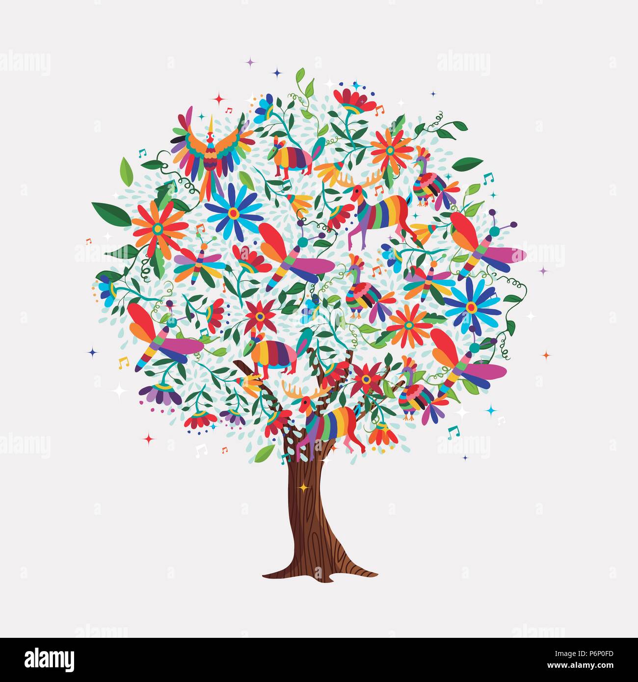 Árbol floral de coloridas flores y animales iconos en estilo arte otomí mexicanos tradicionales. Concepto de primavera con Daisy, ciervos, pájaros. Vector EPS10. Ilustración del Vector