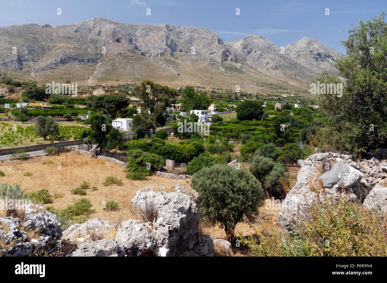 El fértil valle de Vathi extensivley se utiliza para la agricultura, el cultivo de frutas, hortalizas y otros cultivos, Kalymnos, islas del Dodecaneso, en Grecia. Foto de stock