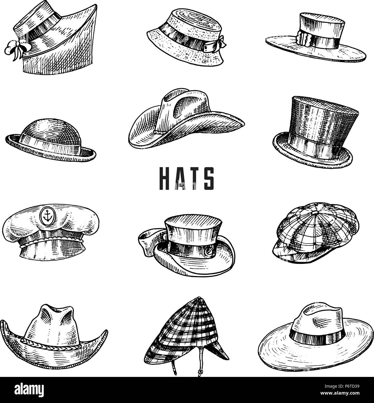 Cosecha de verano Colección de sombreros para hombres,mujer elegante,  femenina y damas. Fedora Derby Deerstalker Homburg Bowler Boina paja  Capitán Cowboy Porkpie navegante. Juego de moda retro. Estilo inglés.  Dibujadas a mano