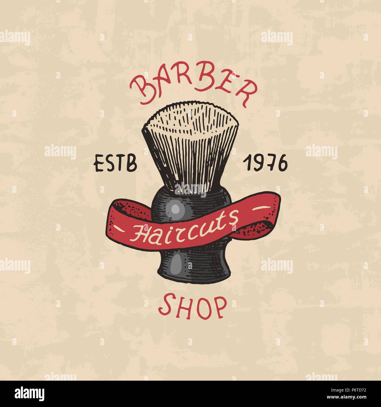 Barberia Insignia Etiqueta Logo Emblema De Pincel Para Cartel Corte De Pelo De La Barba Y El Bigote Grabado Dibujado A Mano En Old Vintage Sketch Letras Modernas Imagen Vector De Stock