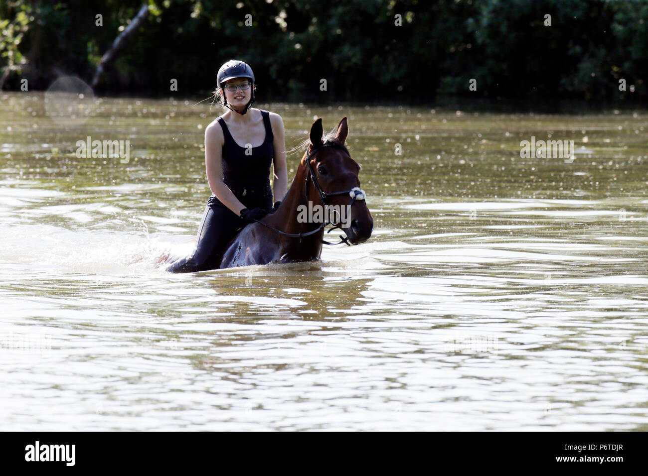 Oberoderwitz, Maedchen cabalga su caballo a través de un lago Foto de stock