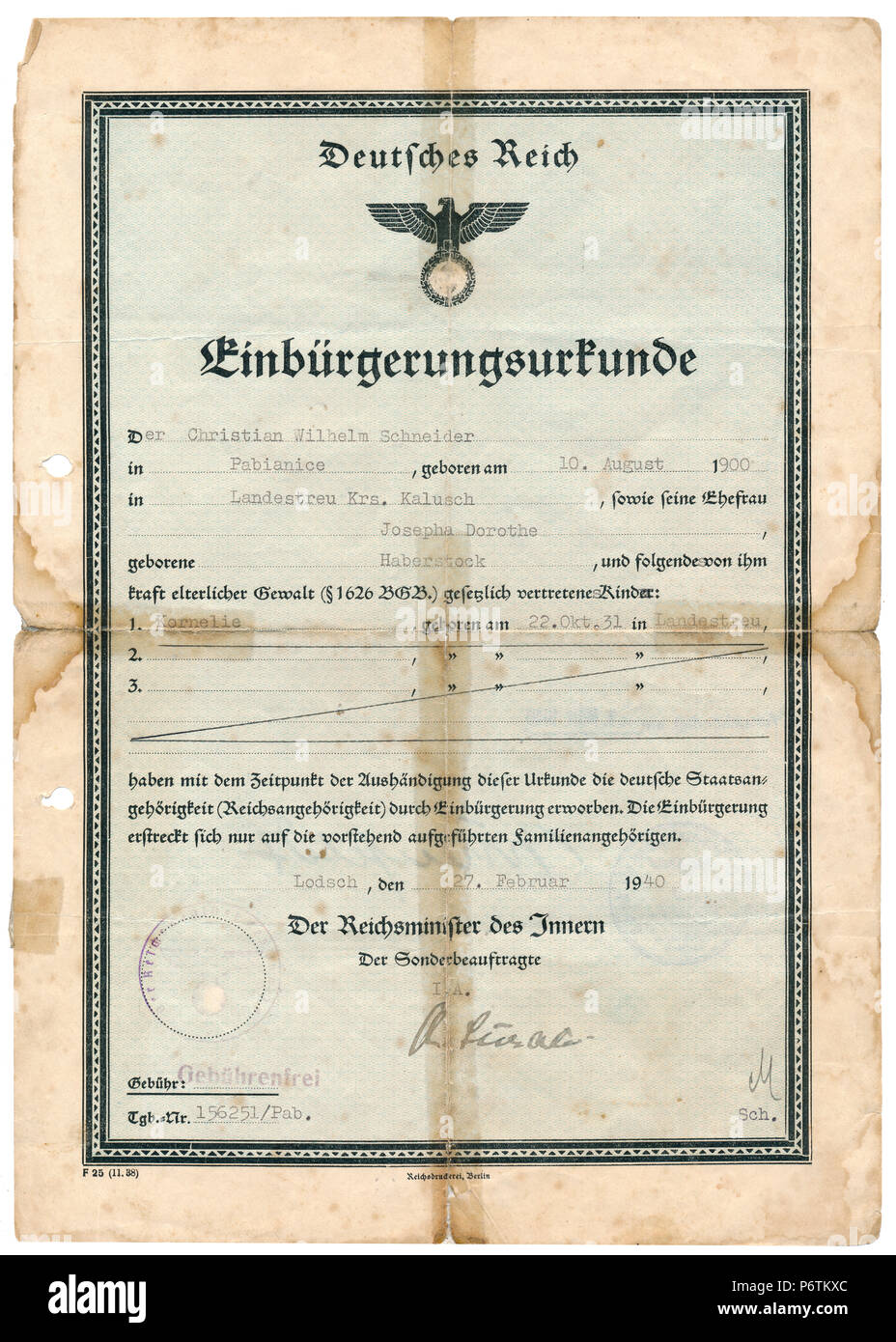 Certificado de nacionalidad de 1940, Tercer Reich / Alemania Nazi Período Foto de stock