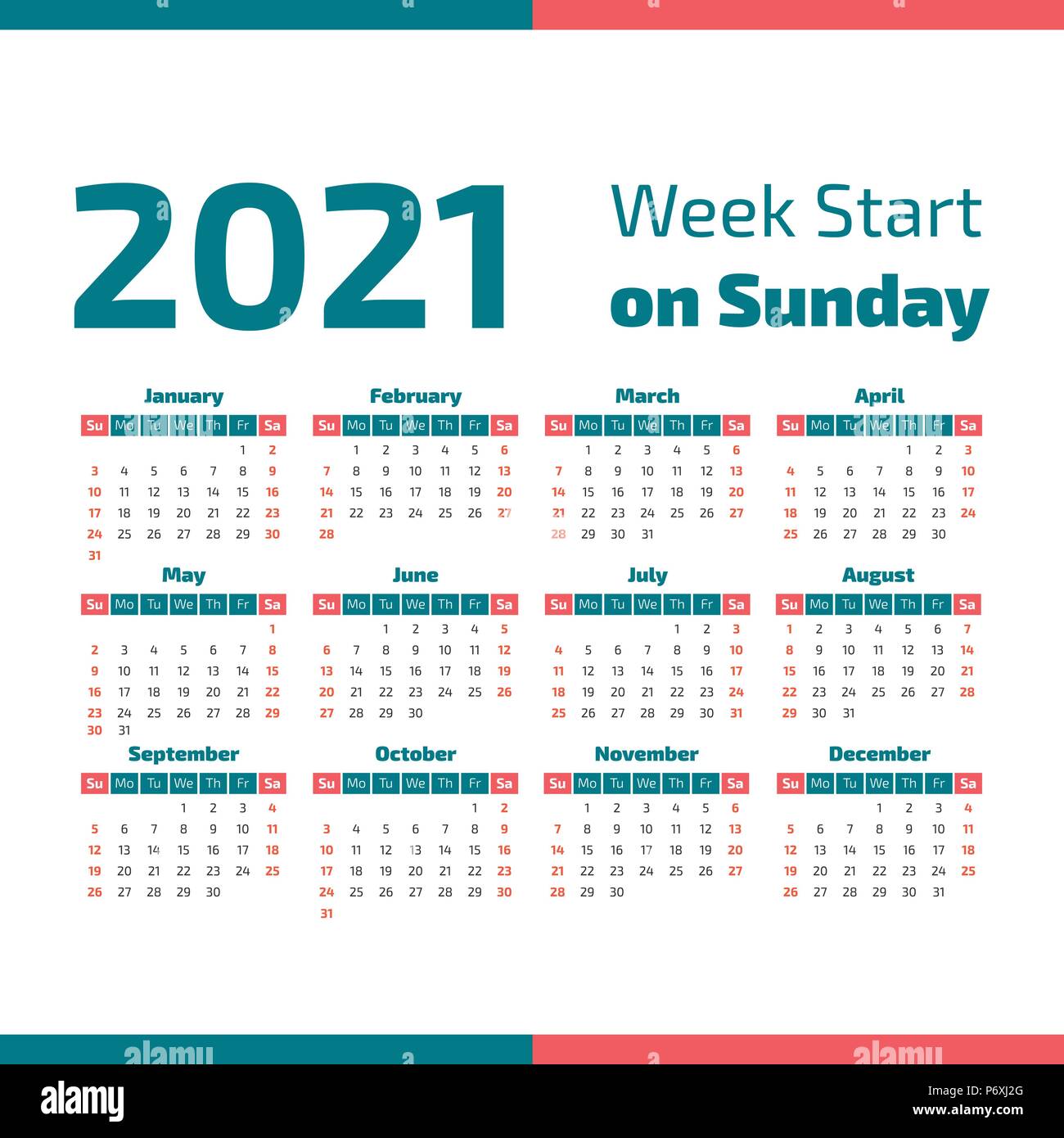 Simple Calendario Del Año 2021 La Semana Comienza En Domingo Imagen 