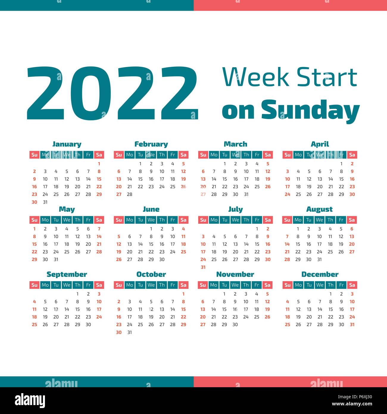 Simple Calendario Del Año 2022 La Semana Comienza En Domingo Imagen