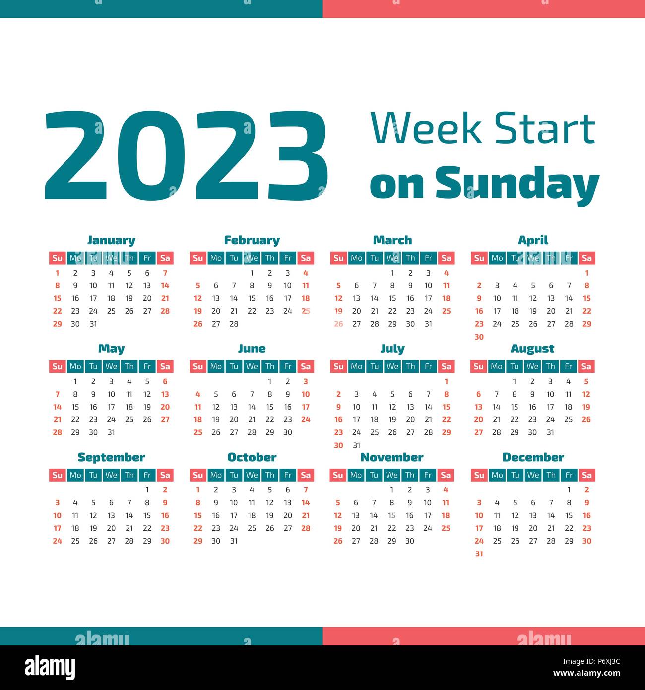 Simple calendario del año 2023, la semana comienza en domingo Imagen