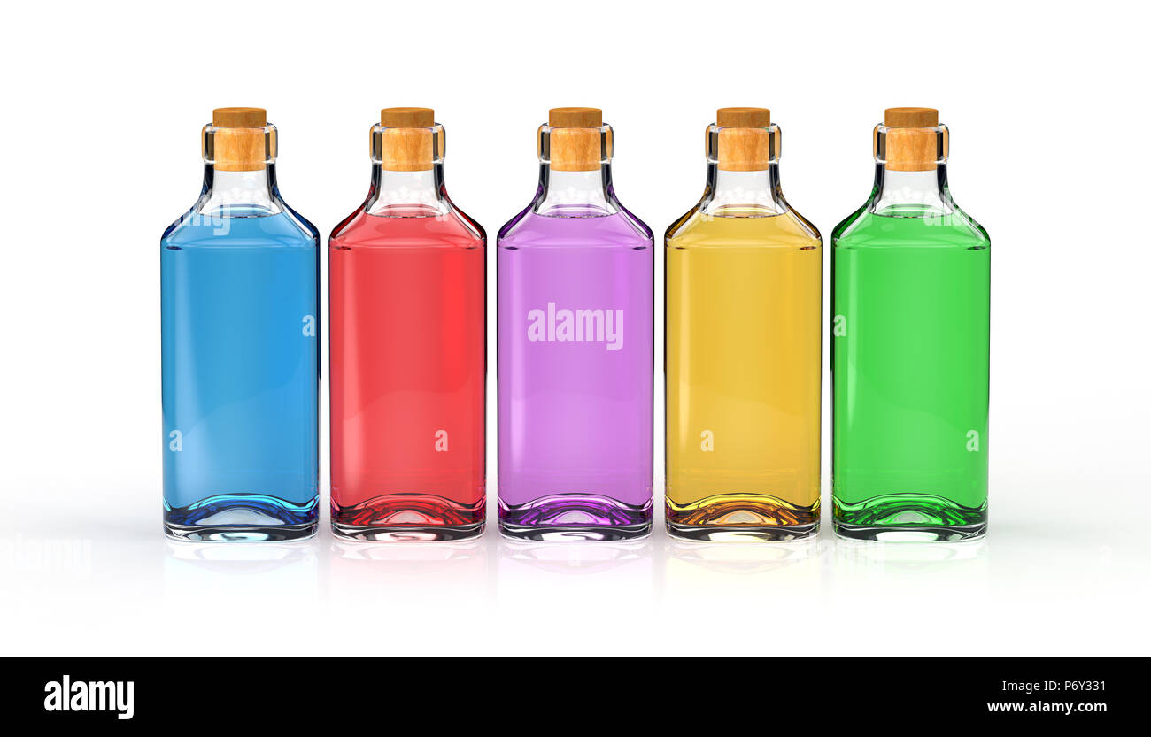 Botellas con aceites básicos aislado en blanco Foto de stock