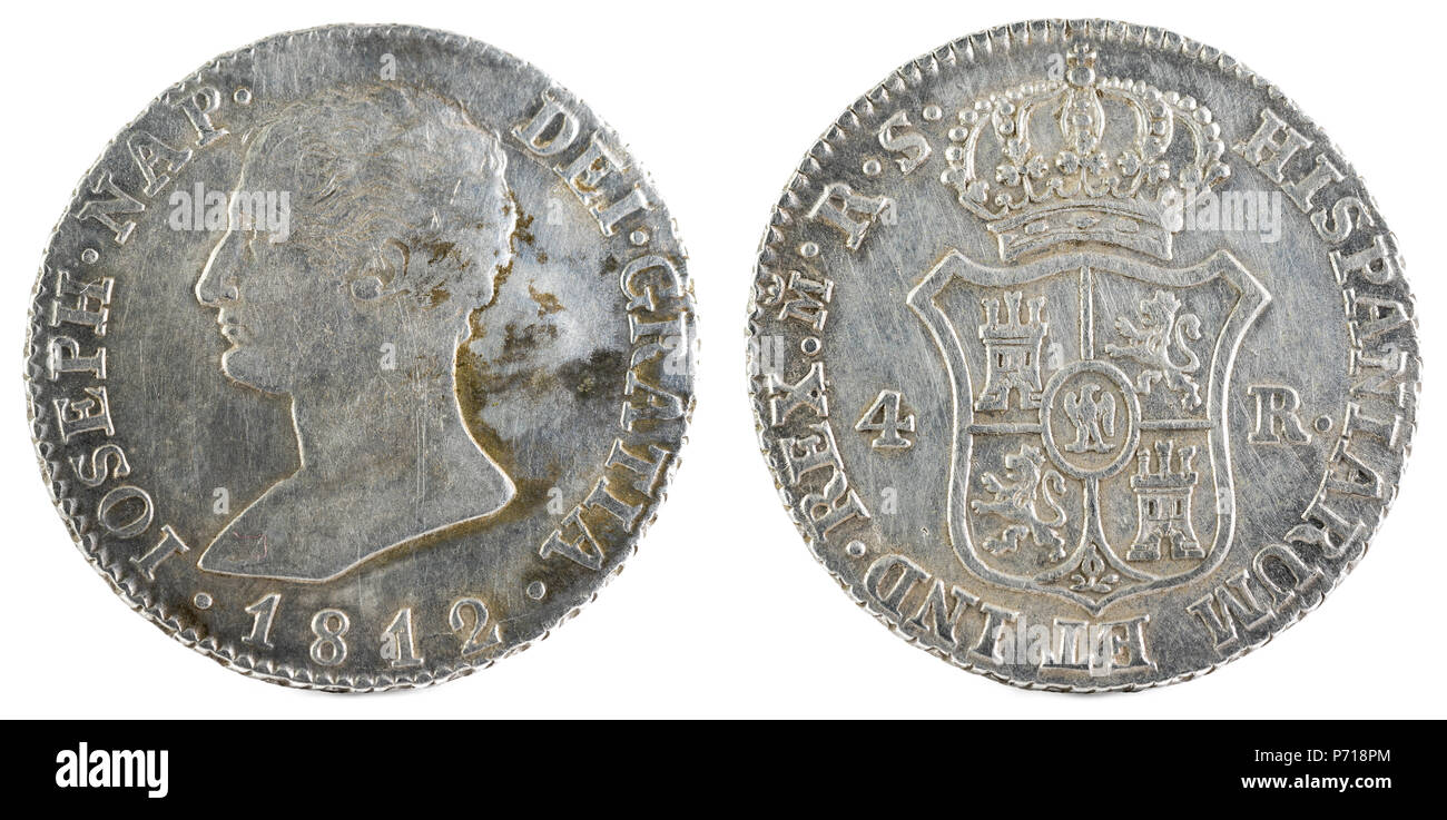 Antigua moneda de plata español del rey José Napoleón. 1812. Acuñado en Madrid. 4 reales. Foto de stock