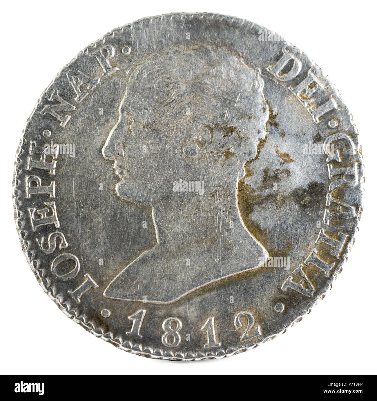 Antigua moneda de plata español del rey José Napoleón. 1812. Acuñado en Madrid. 4 reales. Anverso. Foto de stock