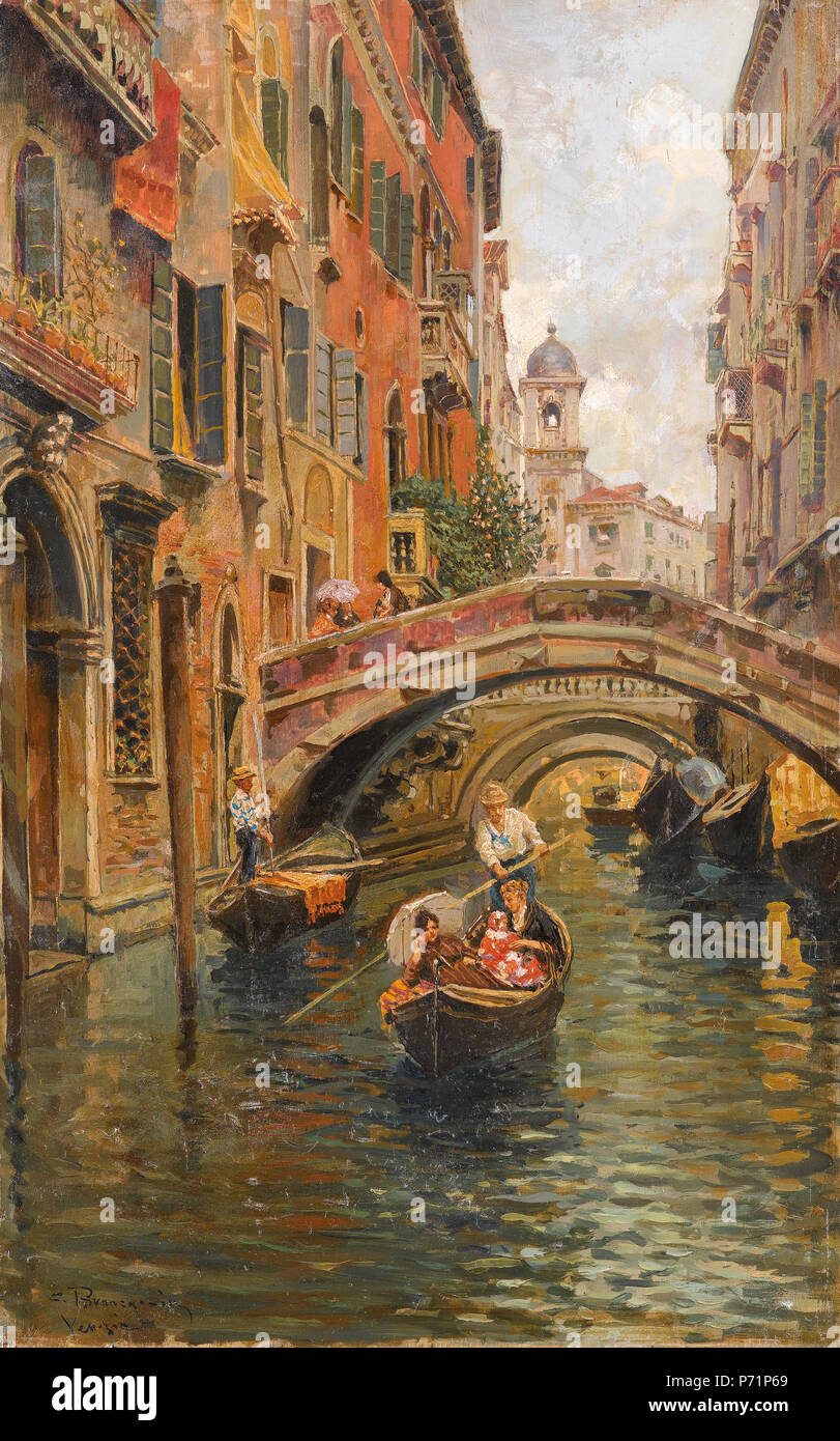 Blick en einen venezianischen Kanal, signiert, bezeichnet C. Brancaccio, Venezia, Öl auf Karton, 39,5 x 25,7 cm . En 1920 13 Carlo Brancaccio Venezianischer Kanal Foto de stock