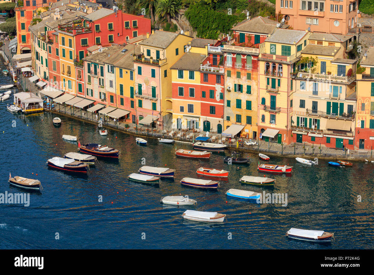 Puerto y típicas casas de colores, Portofino, en la provincia de Génova, Liguria, Italia, Europa Foto de stock