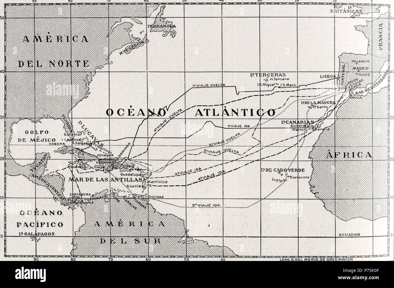 Los cuatro viajes de Cristóbal Colón . 1910 61 viajes de Colón Fotografía  de stock - Alamy