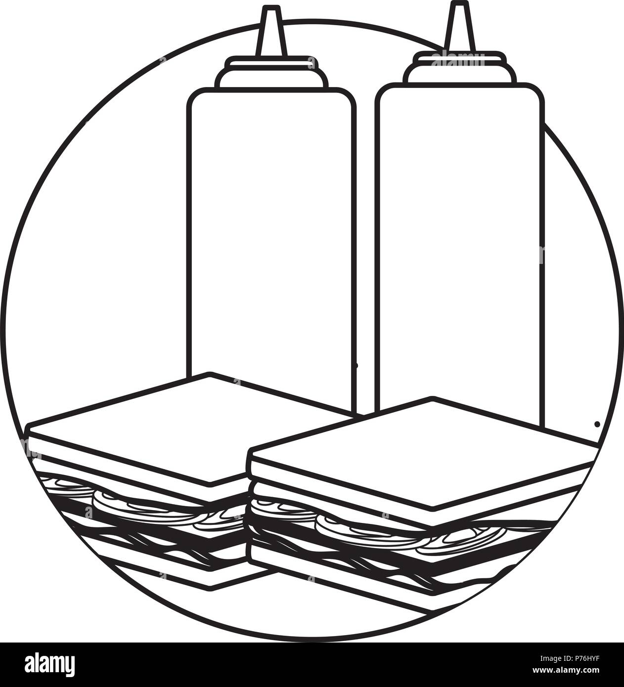 Sandwiches y botellas de salsa sobre fondo blanco, ilustración vectorial Ilustración del Vector