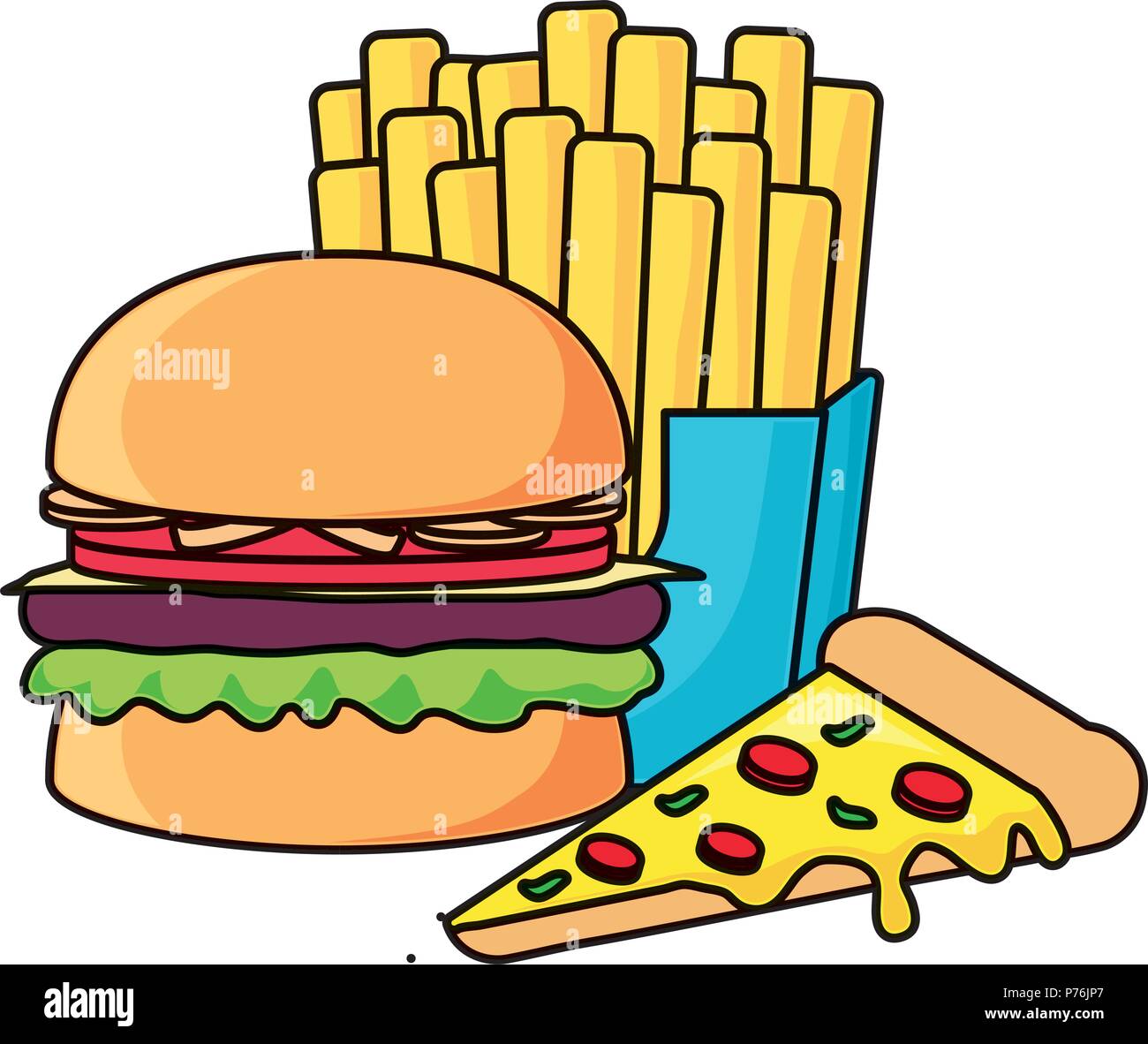 Hamburguesa con pizza y patatas fritas sobre fondo blanco, ilustración