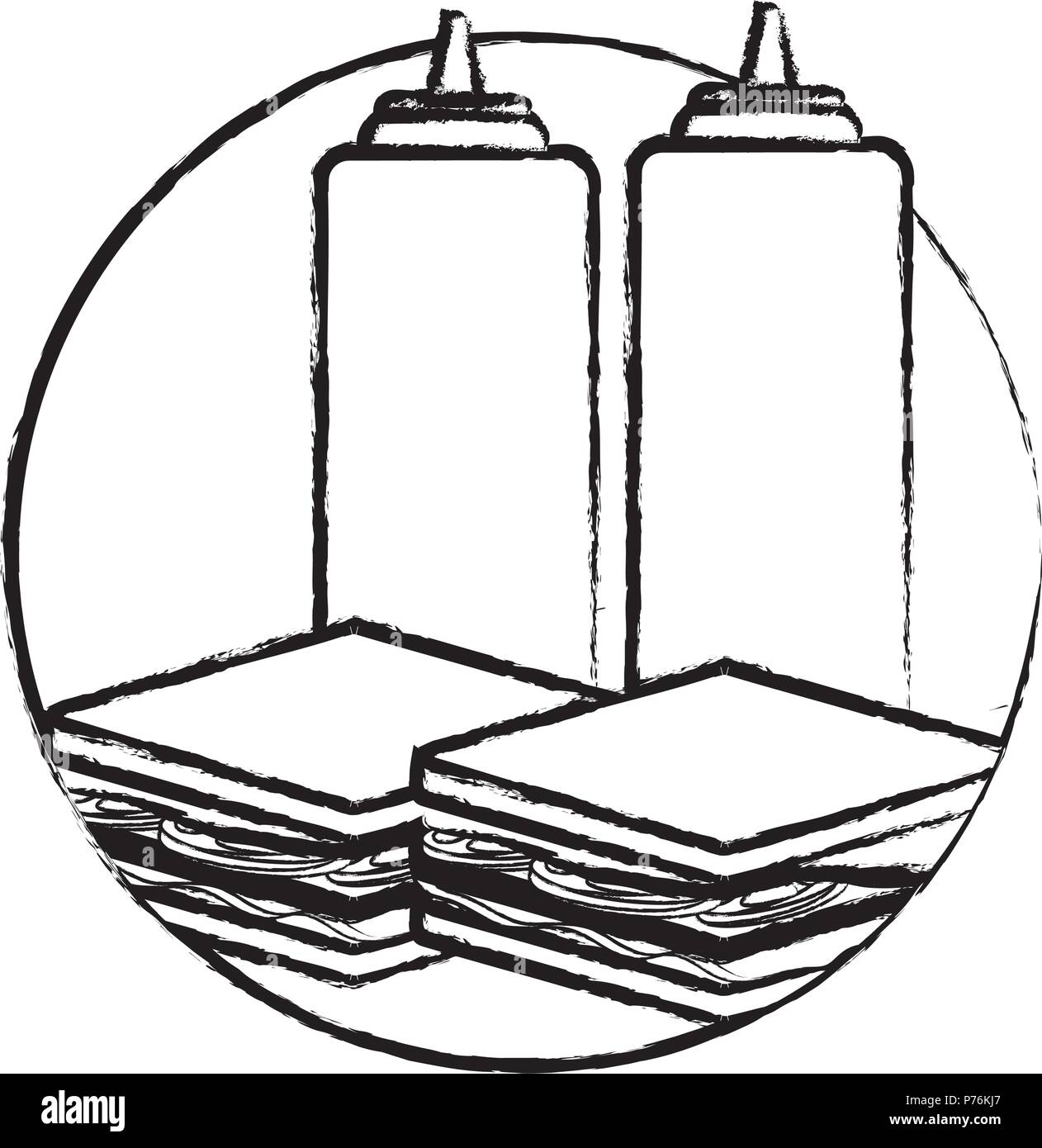 Sandwiches y botellas de salsa sobre fondo blanco, ilustración vectorial Ilustración del Vector
