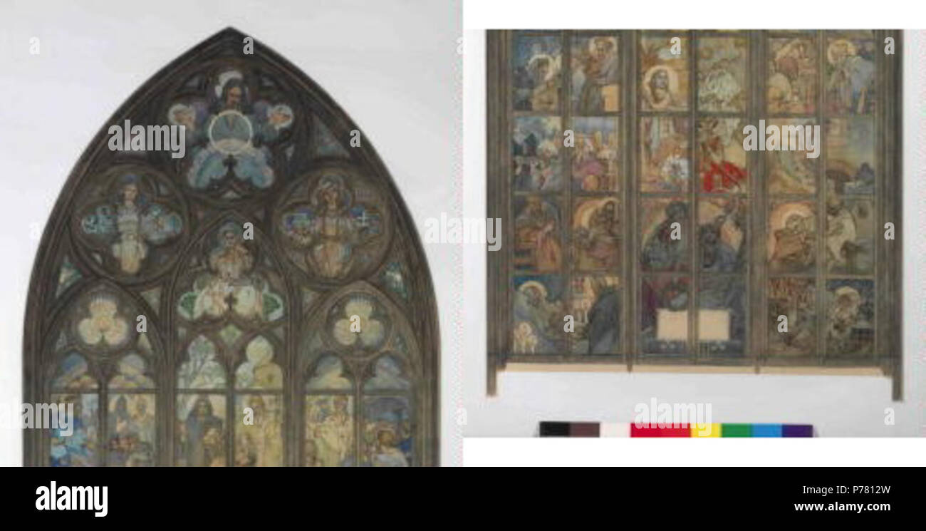 .: Návrh eština na okno v katedrále sv. Víta v Praze circa 1931 4 Autor Alfons Mucha 24.7.1860-14.7.1939 - Navrh na okno v katedrale sv. Vita V PRAZE Foto de stock