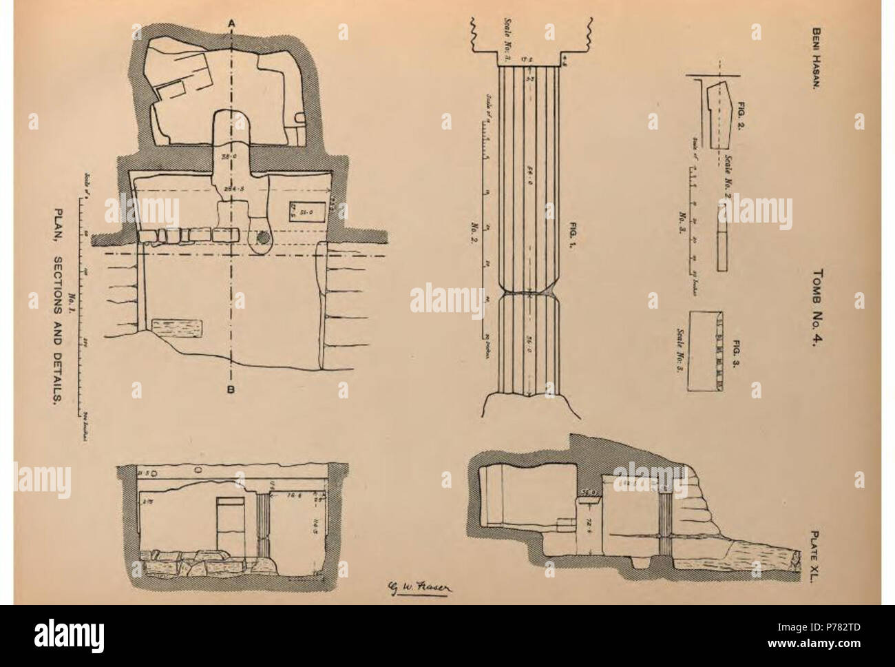 Inglés Plan y secciones de la tumba BH4 de la nomarch Khnumhotep IV en