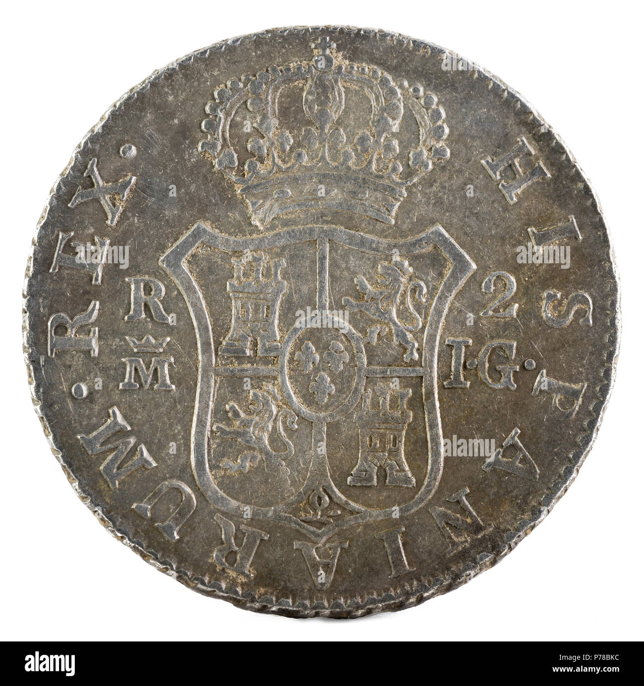 Antigua moneda de plata española del rey Fernando VII. 1813. Acuñado en Madrid. 2 reales. Retroceso. Foto de stock