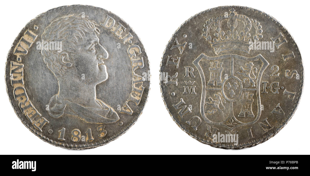 Antigua moneda de plata española del rey Fernando VII. 1813. Acuñado en Madrid. 2 reales. Foto de stock