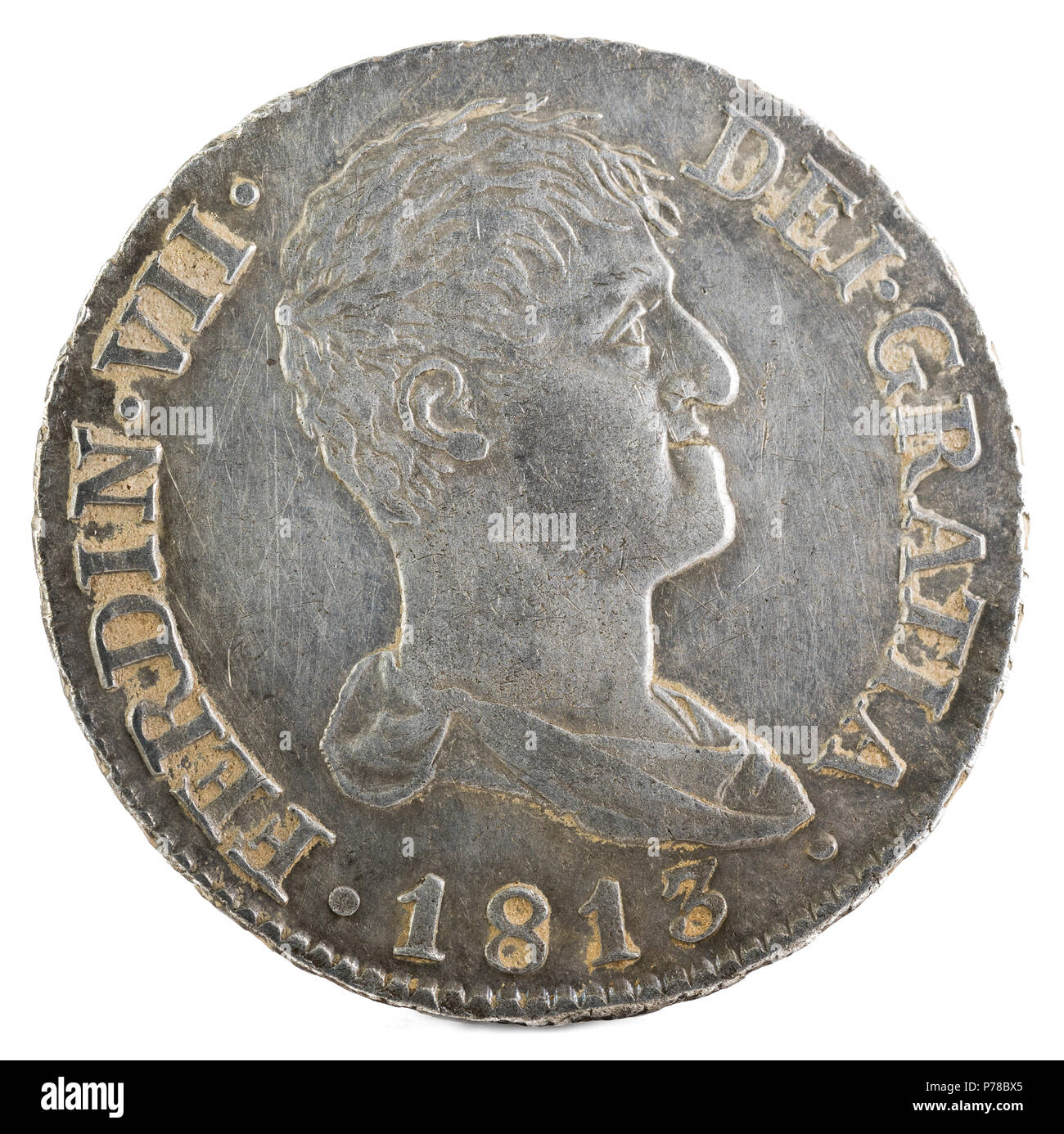 Antigua moneda de plata española del rey Fernando VII. 1813. Acuñado en Madrid. 2 reales. Anverso. Foto de stock