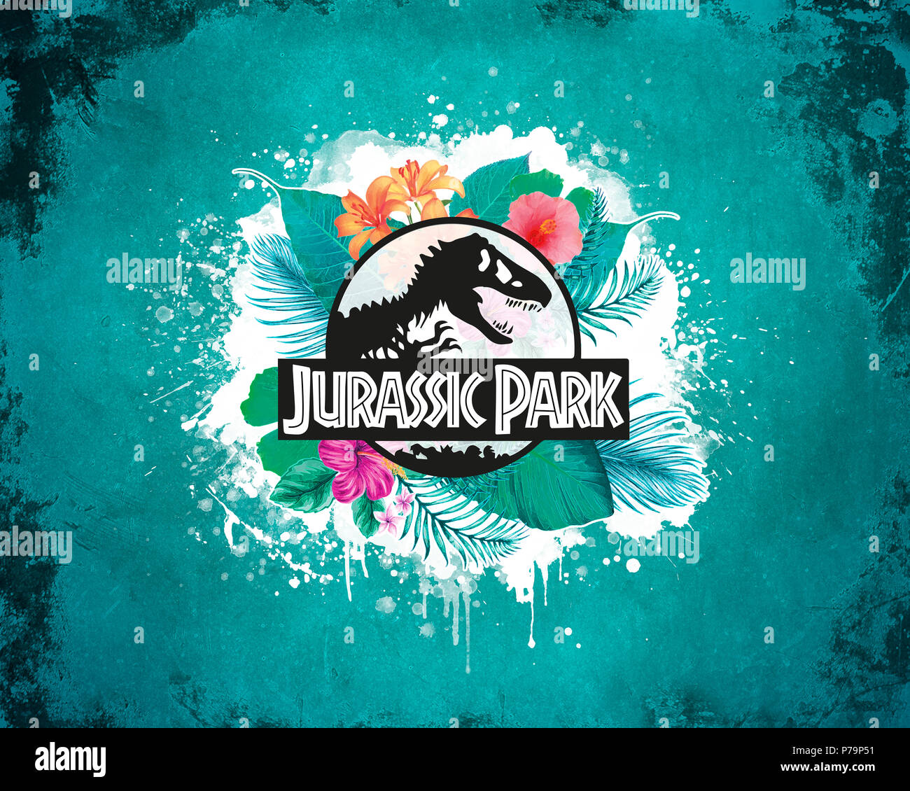 Jurassic Park logo con flores tropicales. Foto de stock