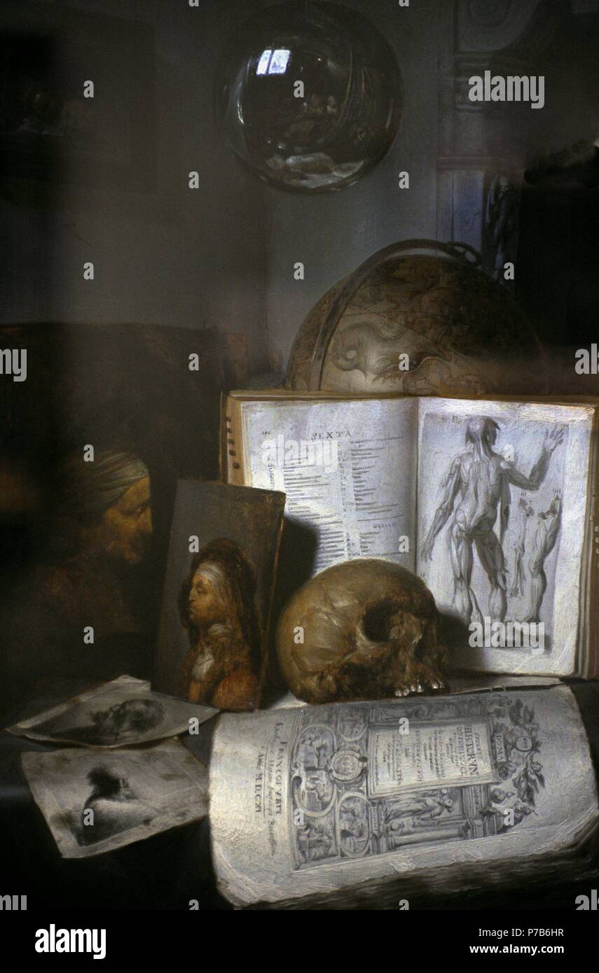 Simon Luttichuys (1610-1661). Pintor británico. Bodegón con una calavera. Los Países Bajos, ca 1631.Oleo sobre madera. Museo Nacional. Gdansk. Polonia. Foto de stock