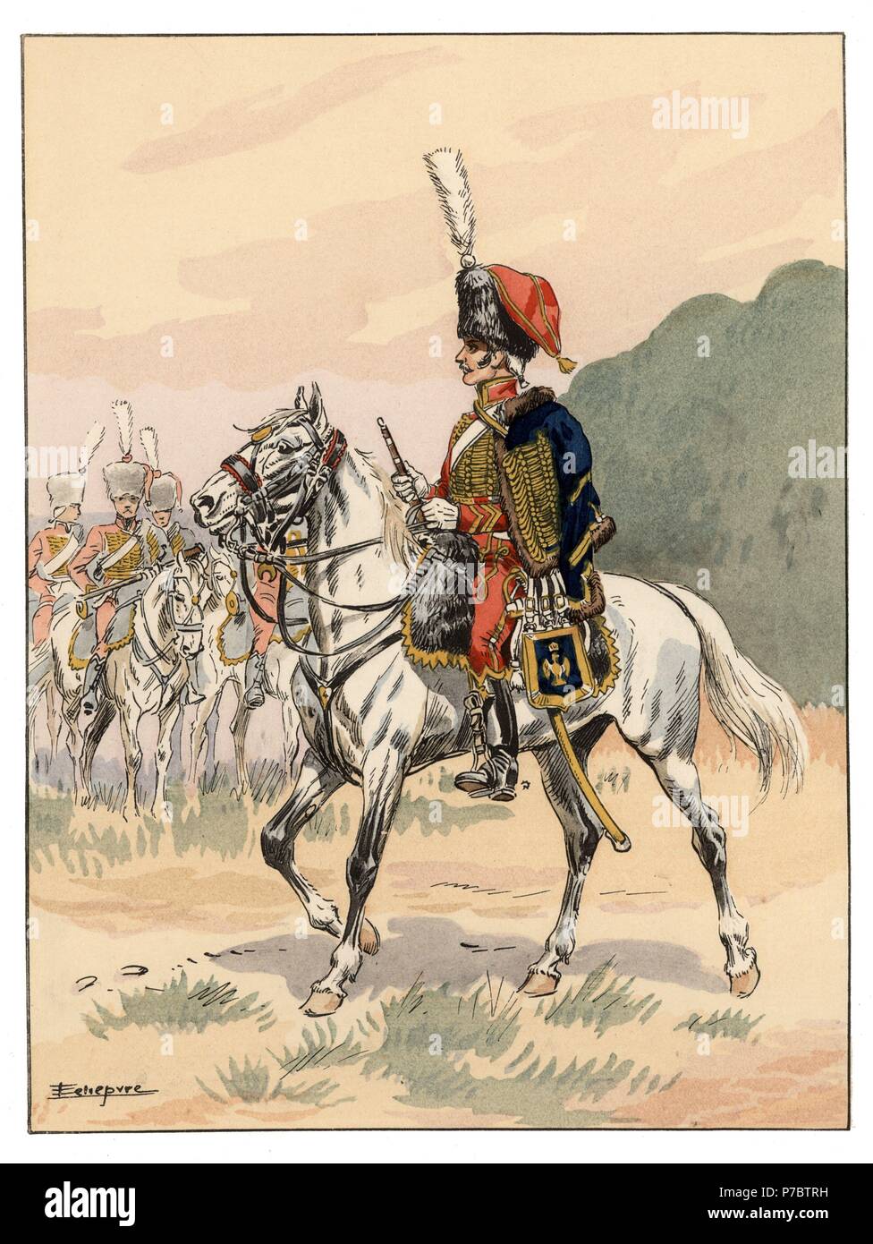 Francia. Músicos de tropas a caballo. Jefe de música del IV regimiento de Húsars de 1805-1808. Colección editada por el comandante Eugène Louis Bucquoy (1879-1958). Año 1943. Foto de stock