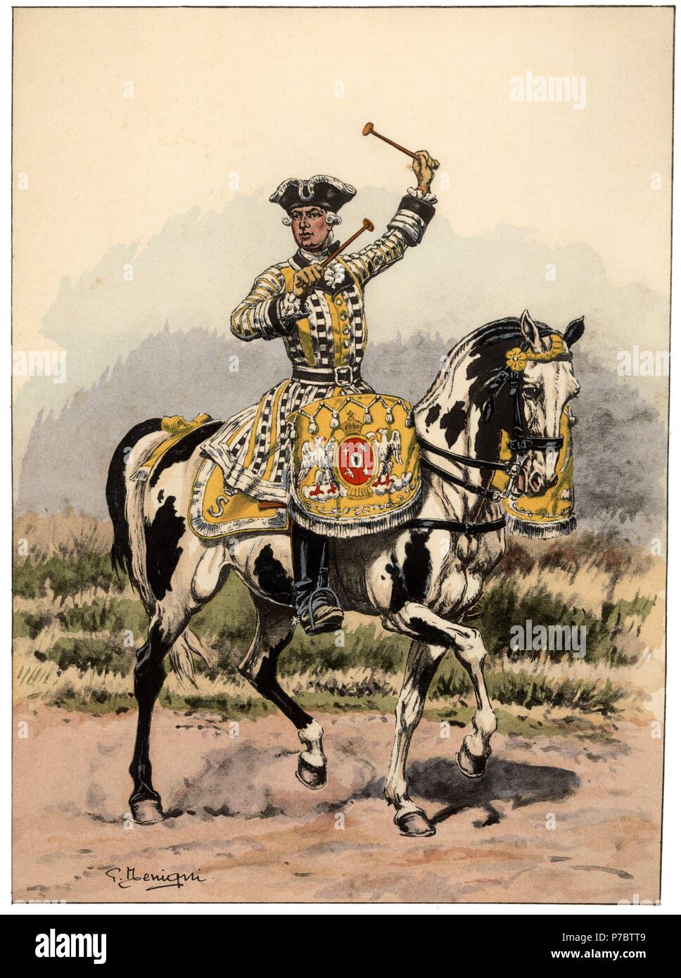 Francia. Músicos de tropas a caballo. Timbalero de los guardias de Stanislas Leczinski de 1761. Colección editada por el comandante Eugène Louis Bucquoy (1879-1958). Año 1943. Foto de stock