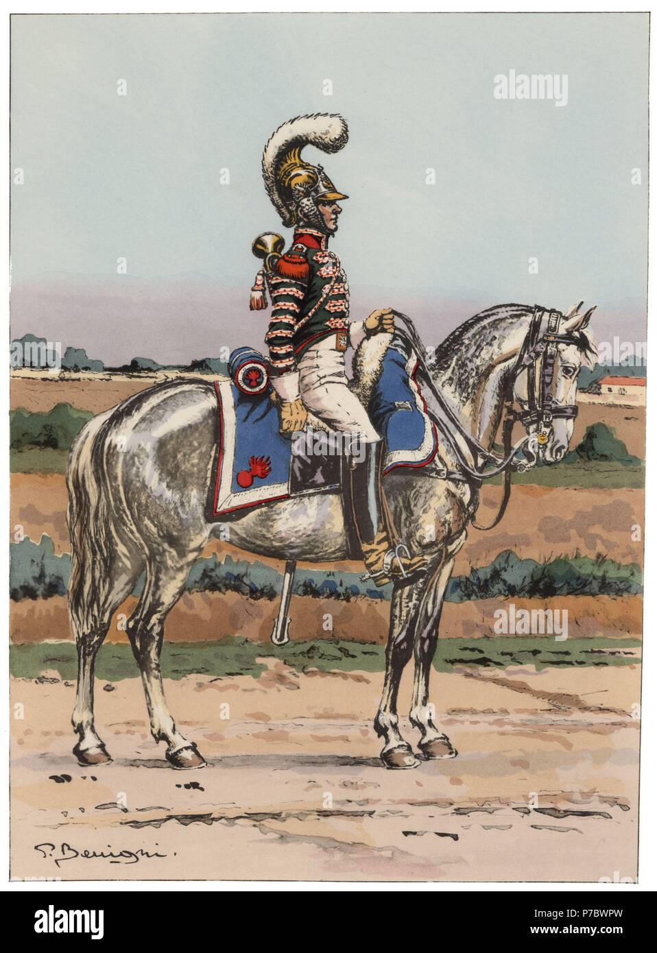 Francia. Músicos de tropas a caballo. Trompeta de un regimiento de carabineros de 1818-1824. Colección editada por el comandante Eugène Louis Bucquoy (1879-1958). Año 1944. Foto de stock