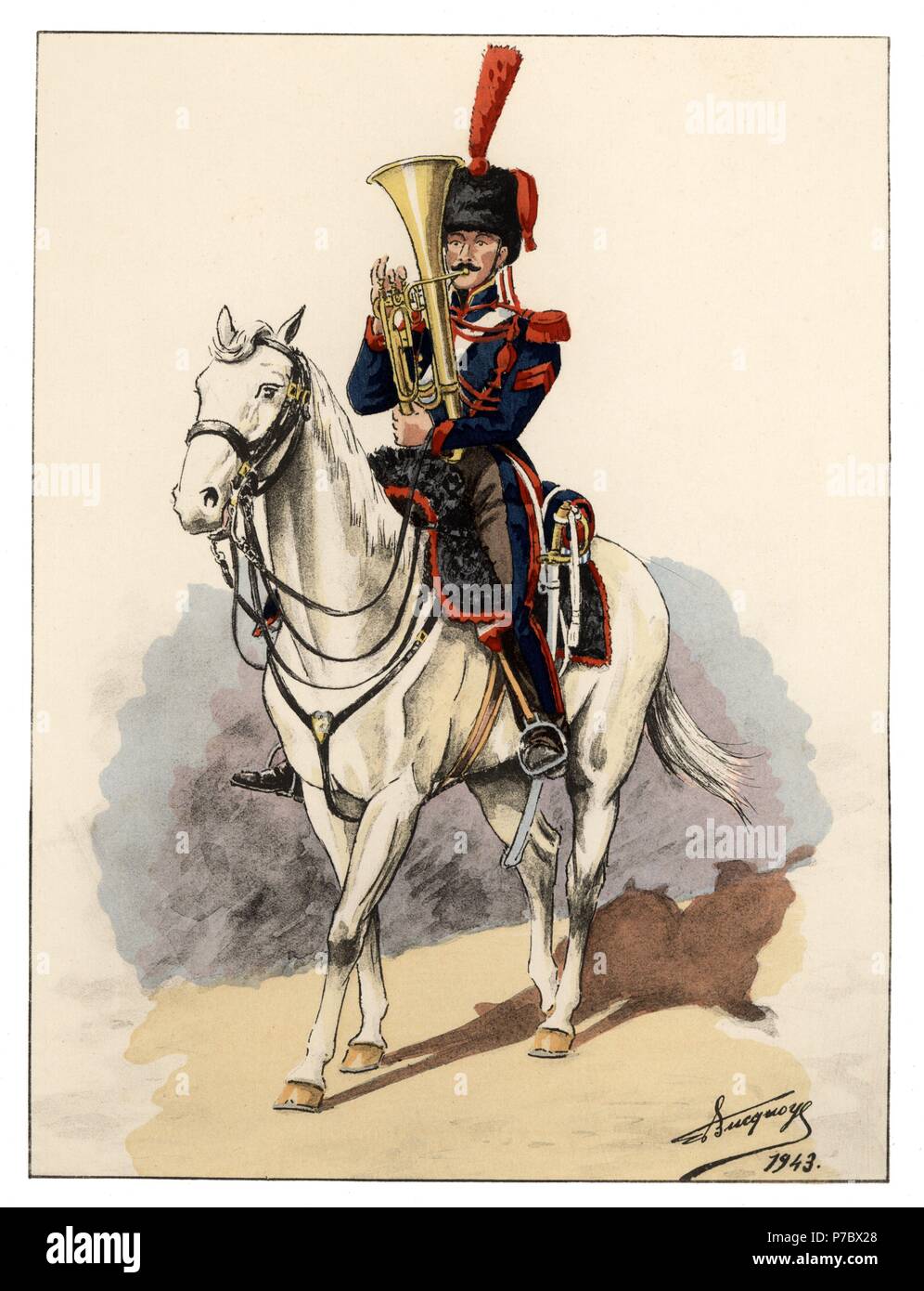 Francia. Músicos de tropas a caballo. Músico de un regimiento de artillería de 1846-1848. Colección editada por el comandante Eugène Louis Bucquoy (1879-1958). Año 1943. Foto de stock