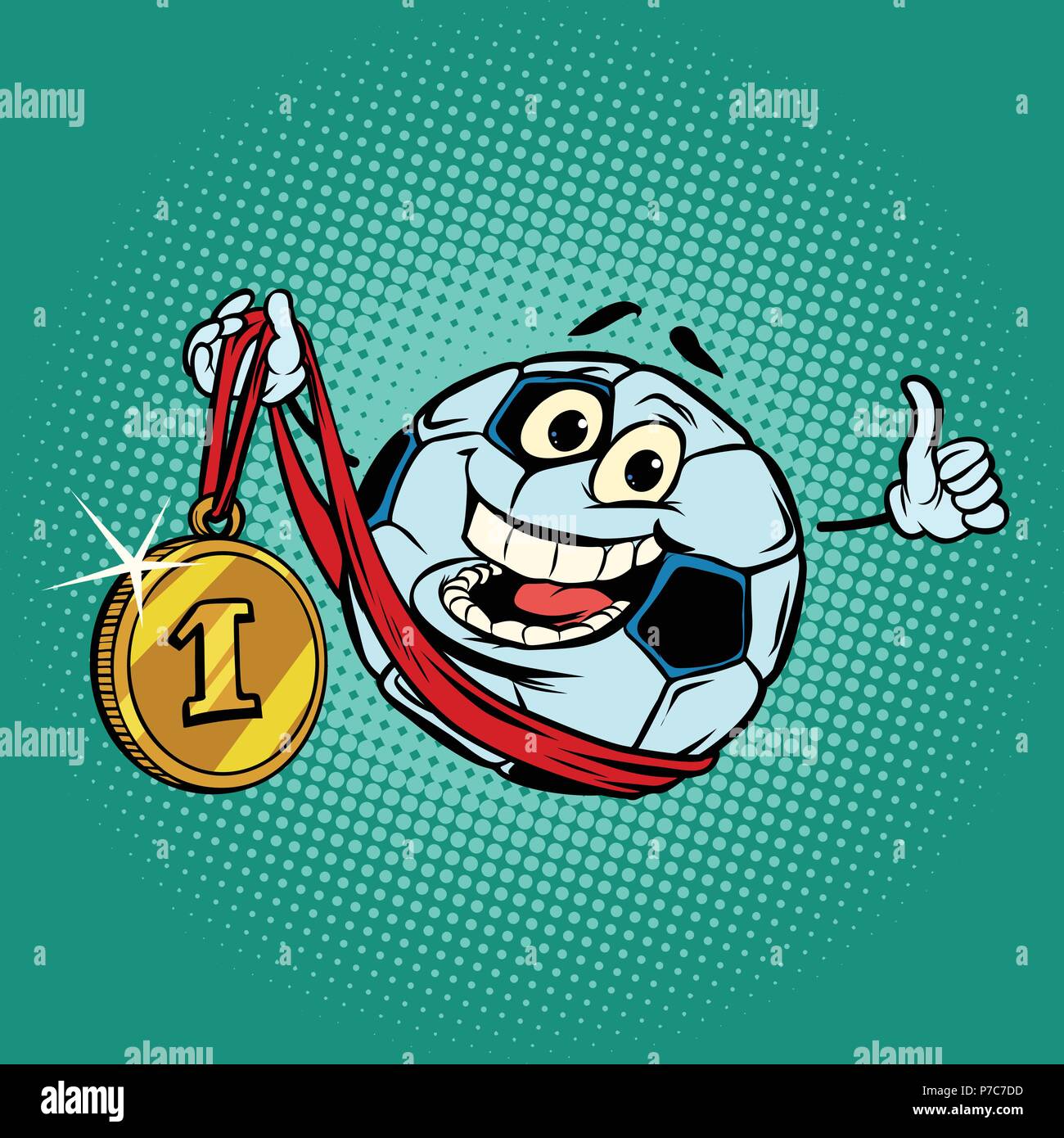 Primer lugar ganador de medalla de oro. Balón de fútbol soccer de caracteres Ilustración del Vector