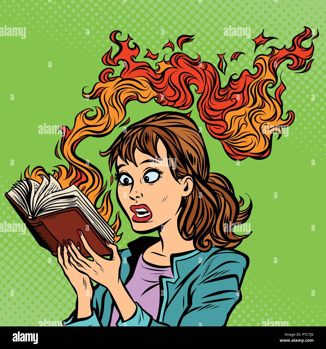 Mujer leyendo un libro ardiente. Concepto de censura Ilustración del Vector