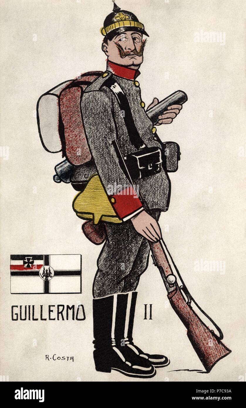 Guillermo II de Alemania (1859-1941), último emperador alemán. Caricatura. Tarjeta postal, año 1914. Foto de stock
