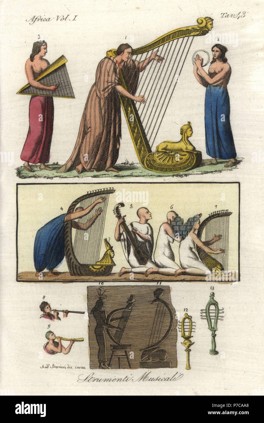 Los instrumentos musicales del antiguo Egipto. Los músicos en túnicas  sueltas tocando arpas, tiorba, bocina, sistrum y pandereta. Copperplate  Handcolored grabado por Andrea de Giulio Ferrrario Bernieri los trajes  antiguos y modernos