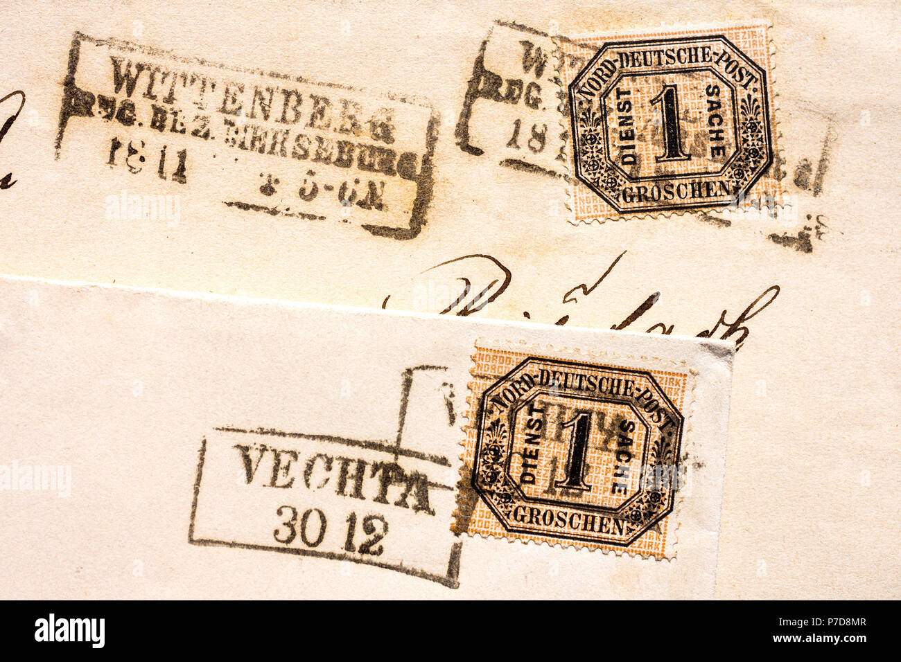 1860 La Confederación de Alemania del Norte sellos postales en las cartas. Foto de stock