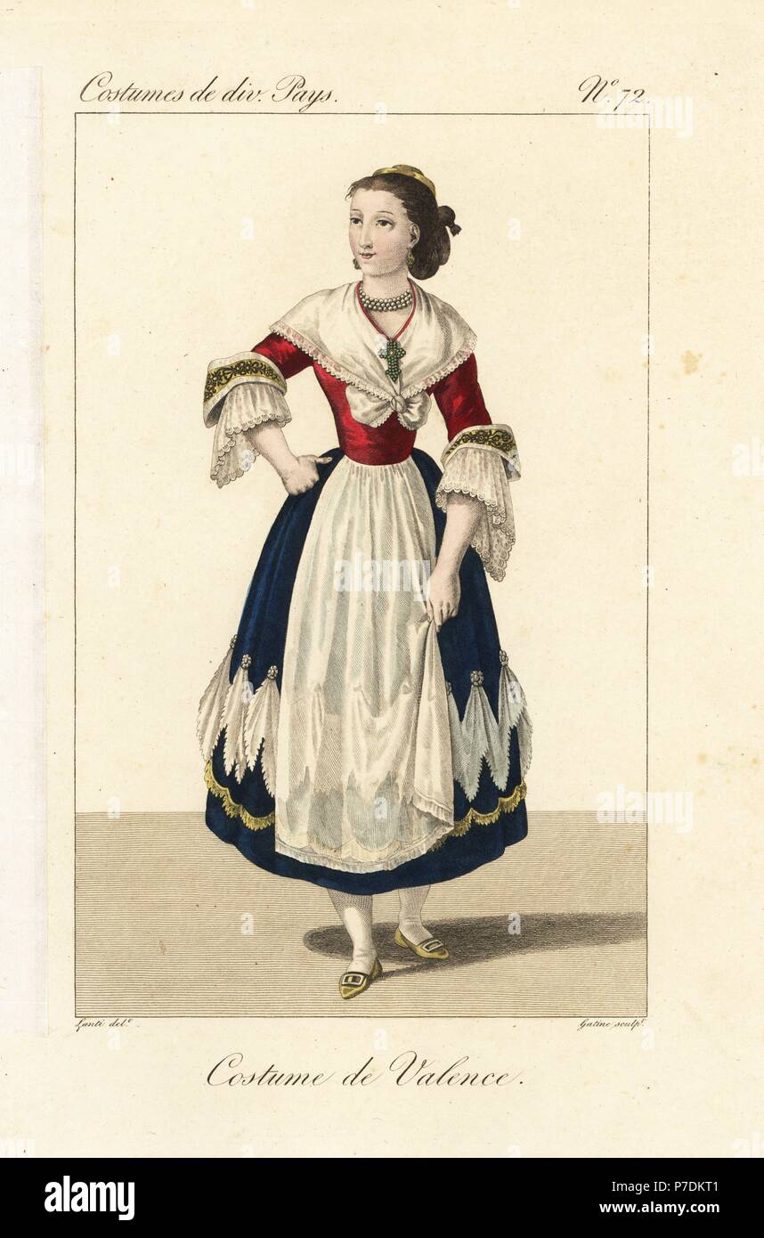 Mujer de Valencia, España, del siglo XIX. Ella usa su pelo atado, gótico, y  mangas de encaje falbala volantes en su falda. Copperplate Handcolored  grabado por Georges Jacques Gatine después una ilustración