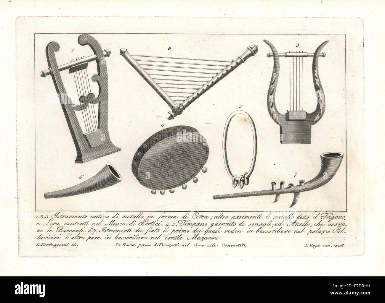 Instrumentos musicales antiguos: metal lira o Cithara 1, metal Trigono 2, metal y lira en el Museo Portici 3, pandereta Timpano con campanas 4, anillo de percusión utilizados por las Bacantes